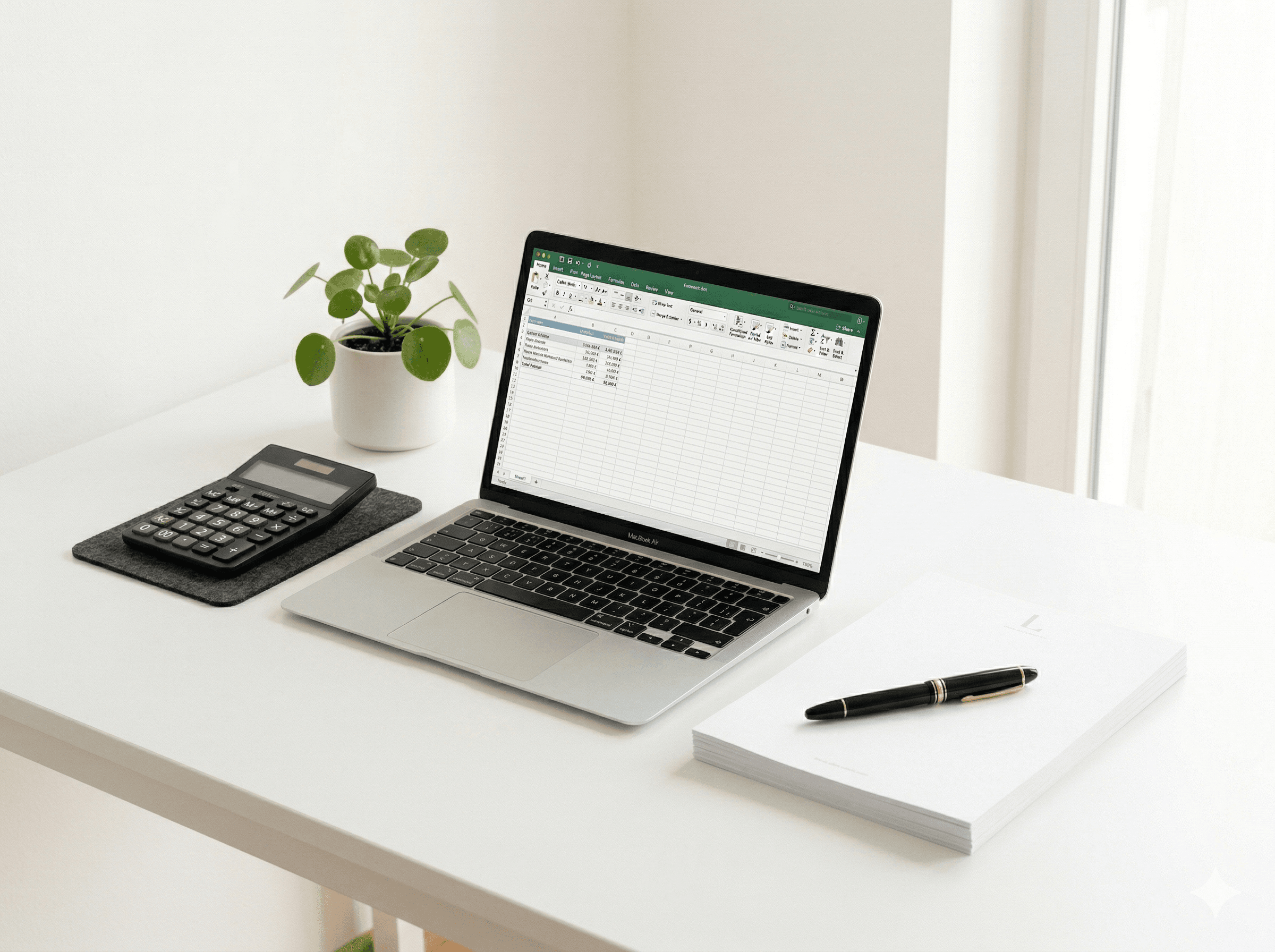 Laptop avec tableur et calculatrice sur un bureau